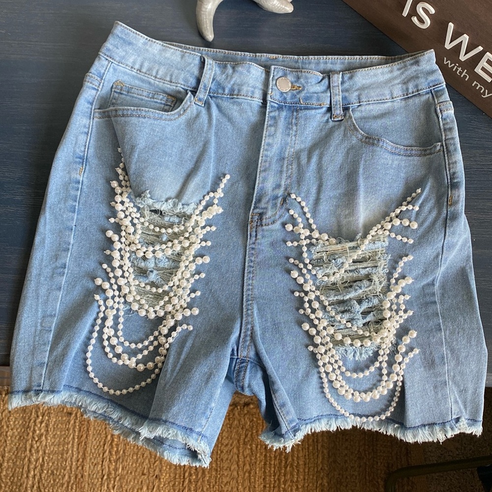 Denim Shorts w/ Pearls